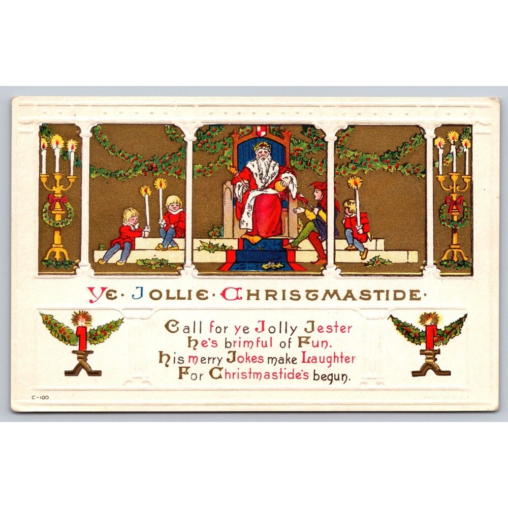 Postcard Ye Jollie Christmastide Jolly Jester Children Embossed Unposted c1910s